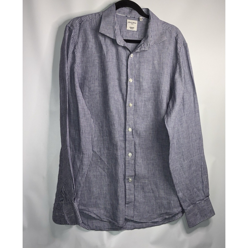 Baird McNutt Shirt Linen Murano Slim Fit Mens XL Blue White Gingham Long Sleeve